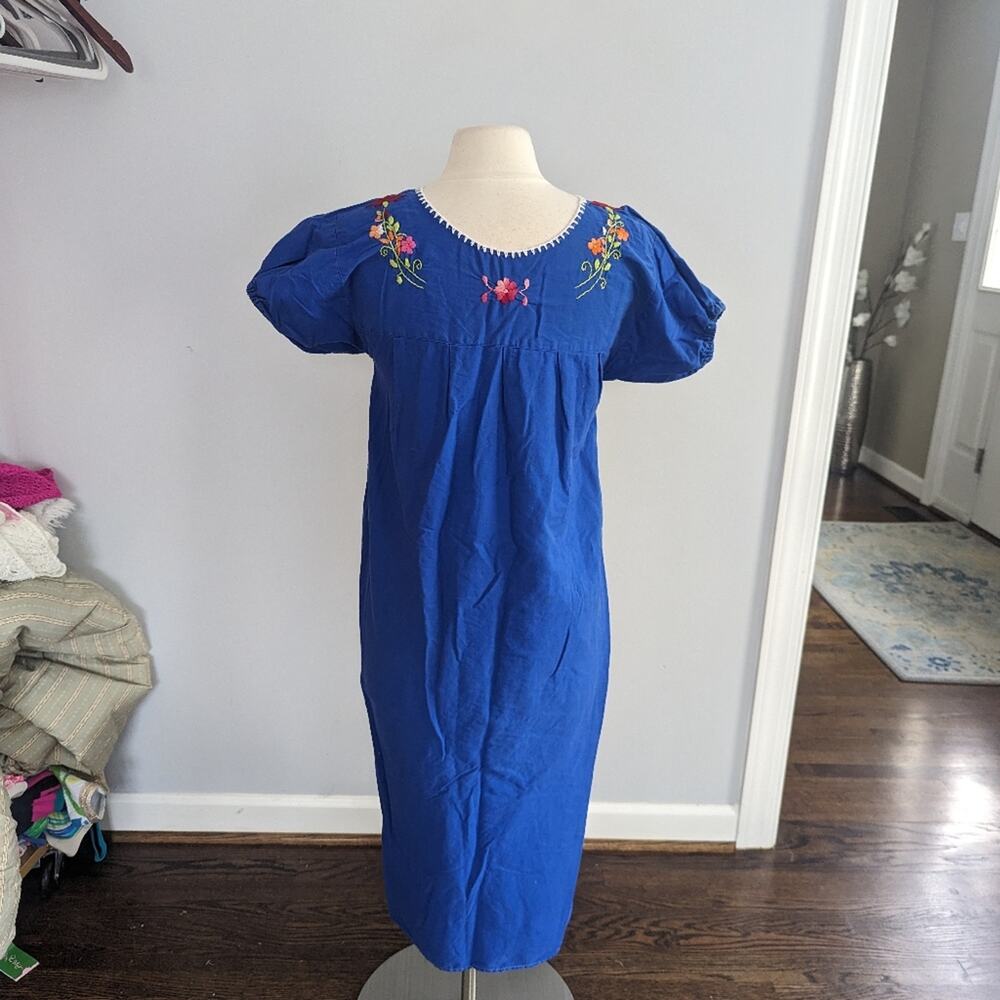 Vintage Puebla Maxi Dress Small 70s Blue Colorful Flower Basket Cotton - Picture 9 of 10